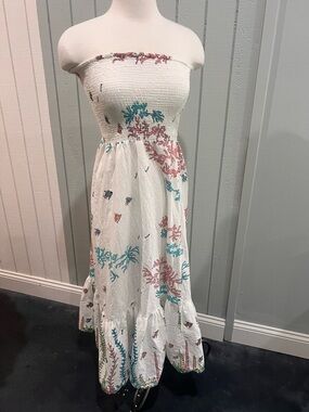 Smocked Strapless White Maxi Dress with Teal & Coral Botanical Print